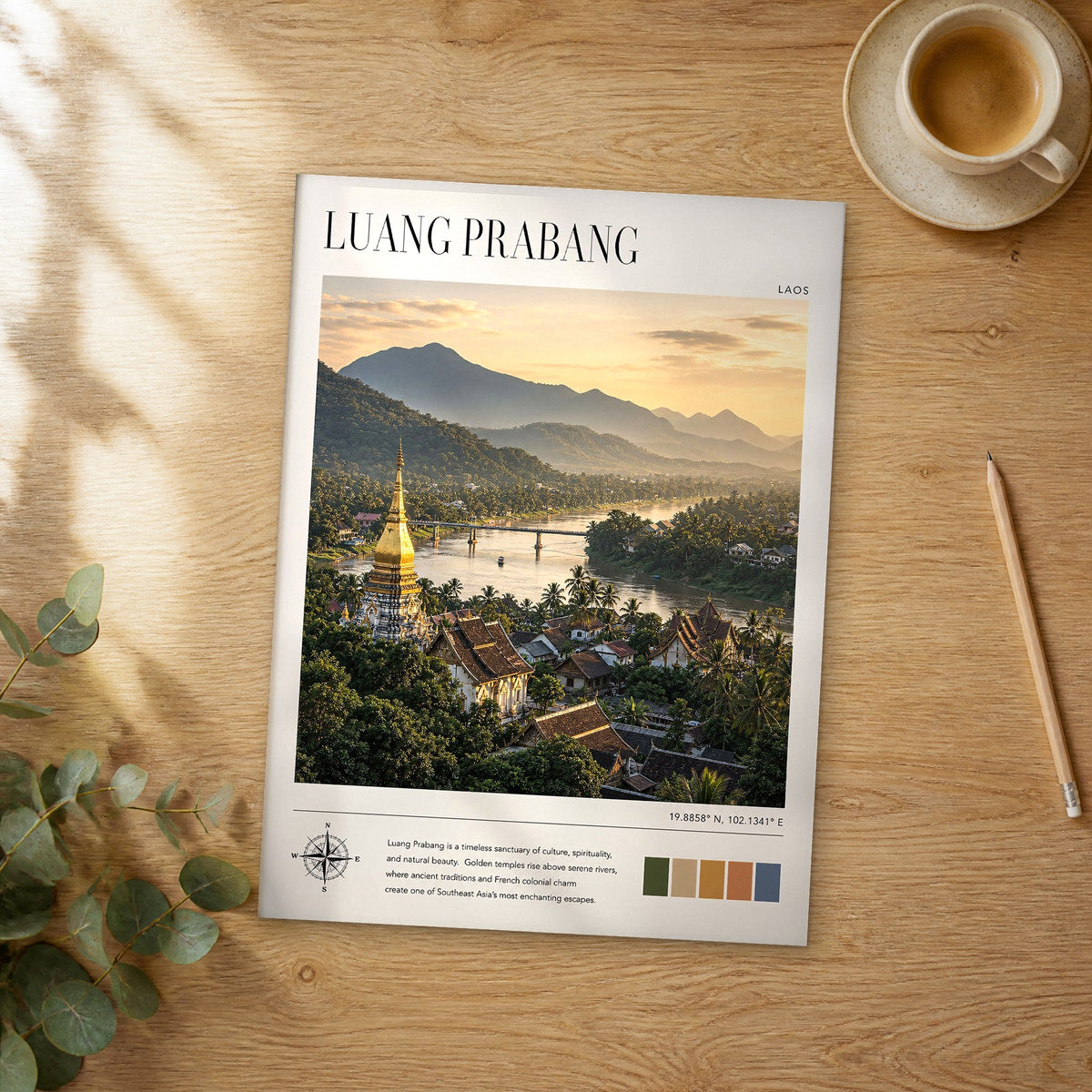Unframed Luang Prabang modern photography travel poster on a wooden table