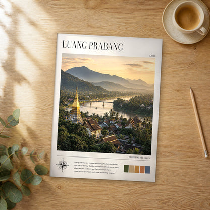 Unframed Luang Prabang modern photography travel poster on a wooden table