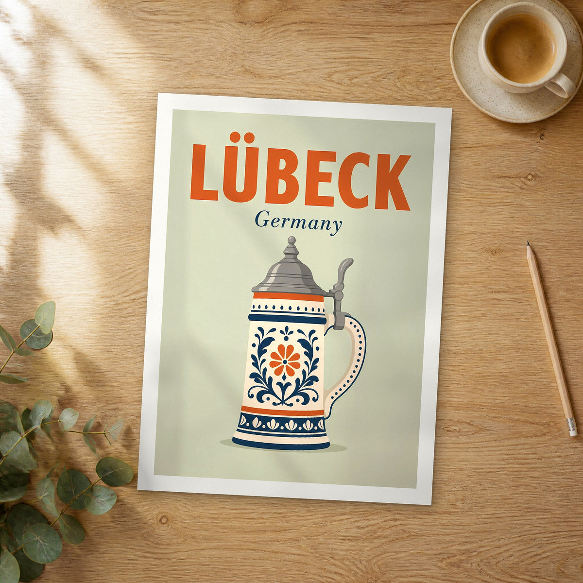 Unframed Lübeck pop art travel poster on a wooden table