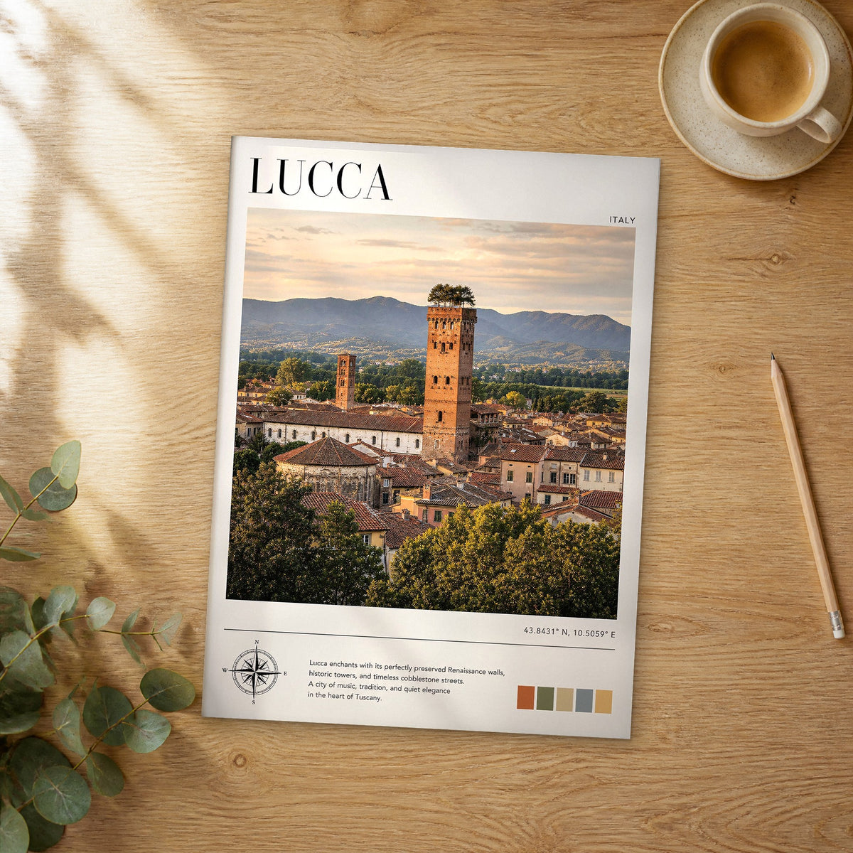 Unframed Lucca modern photography travel poster on a wooden table