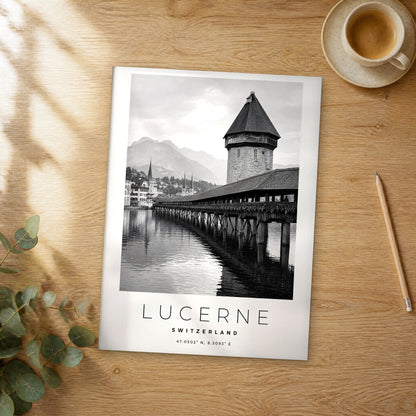 Unframed Lucerne black and white travel poster on a wooden table