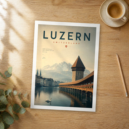 Unframed Lucerne bold typography travel poster on a wooden table