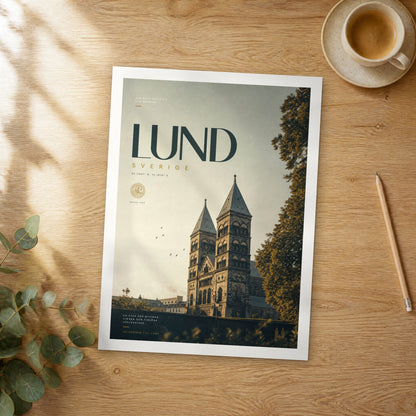 Unframed Lund bold typography travel poster on a wooden table