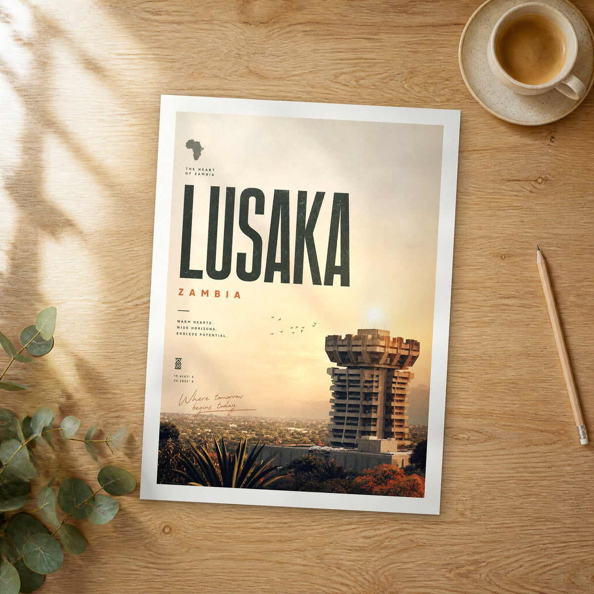 Unframed Lusaka bold typography travel poster on a wooden table
