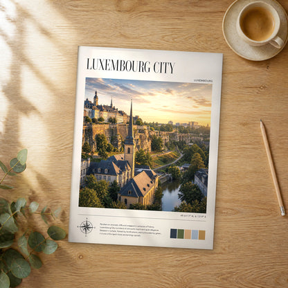 Unframed Luxembourg City modern photography travel poster on a wooden table