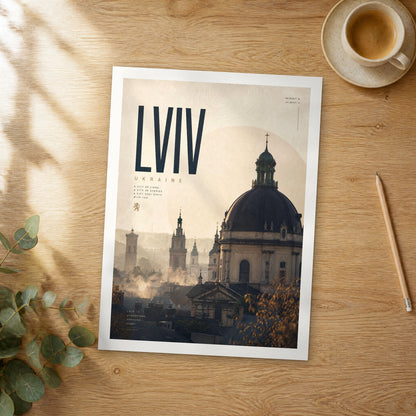 Unframed Lviv bold typography travel poster on a wooden table