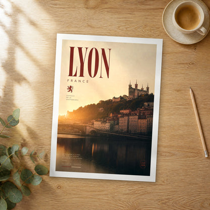 Unframed Lyon bold typography travel poster on a wooden table