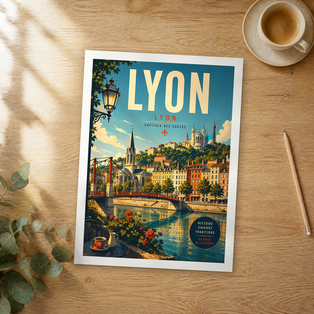 Unframed Lyon retro travel poster on a wooden table