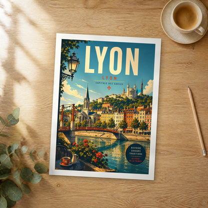 Unframed Lyon retro travel poster on a wooden table