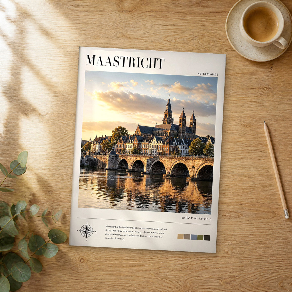 Unframed Maastricht modern photography travel poster on a wooden table