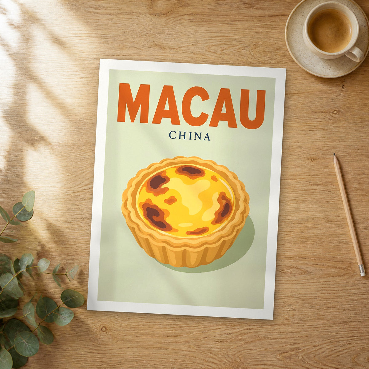 Unframed Macau pop art travel poster on a wooden table