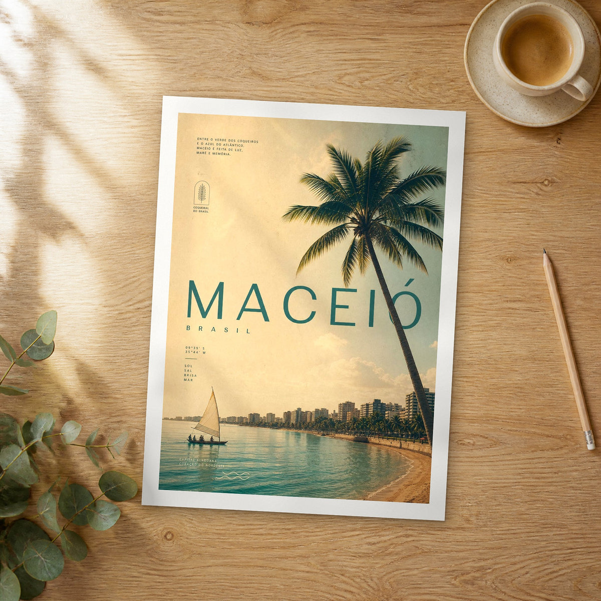 Unframed Maceió bold typography travel poster on a wooden table