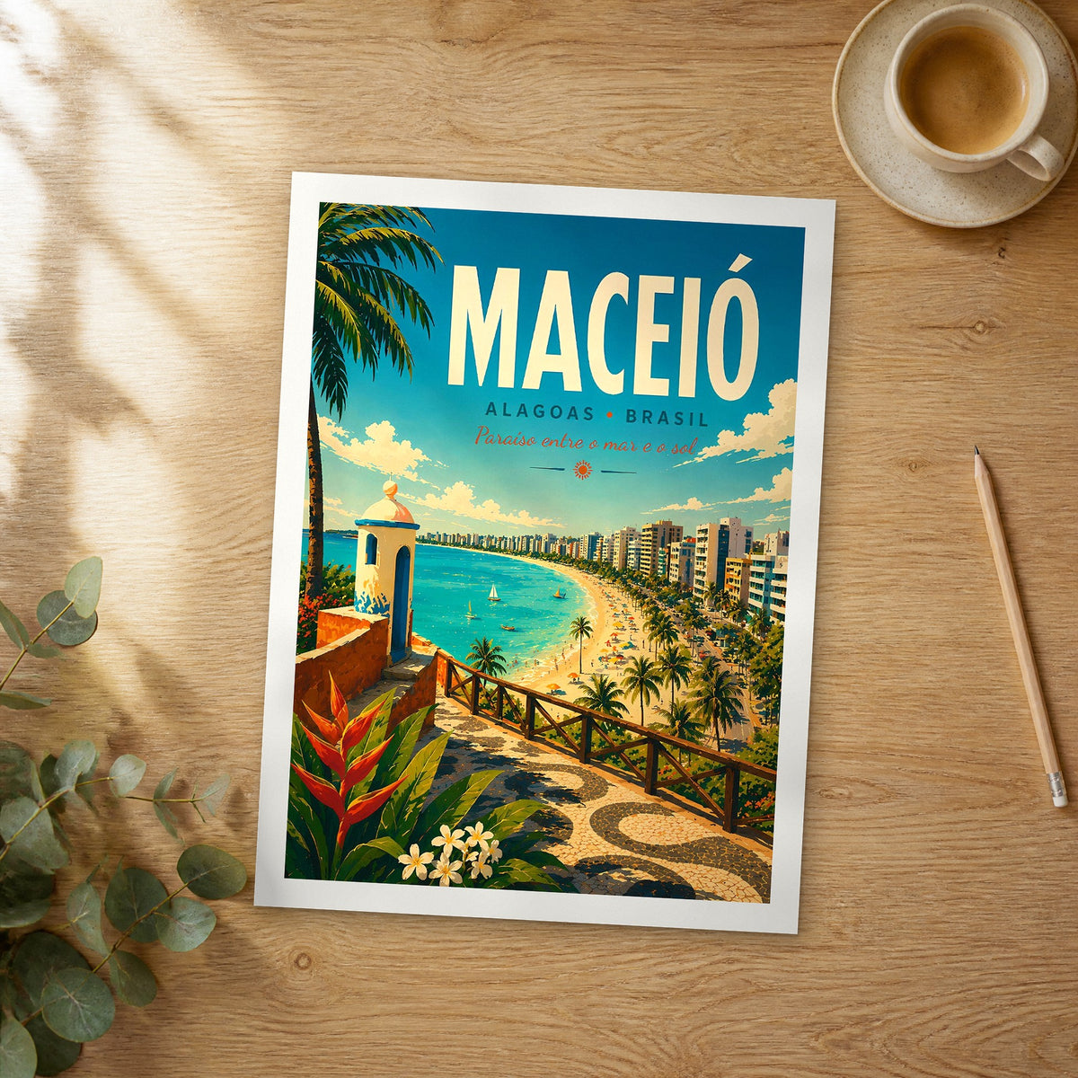 Unframed Maceió retro travel poster on a wooden table