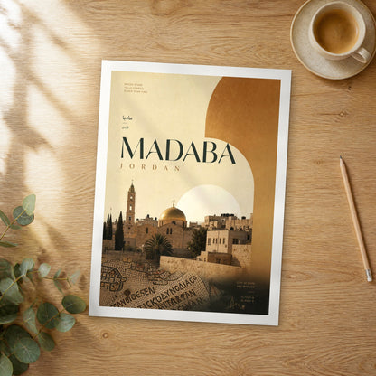 Unframed Madaba bold typography travel poster on a wooden table