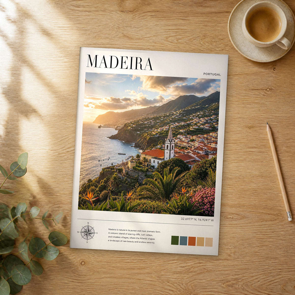 Unframed Madeira modern photography travel poster on a wooden table