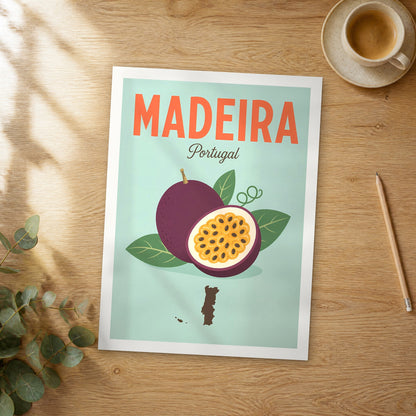 Unframed Madeira pop art travel poster on a wooden table