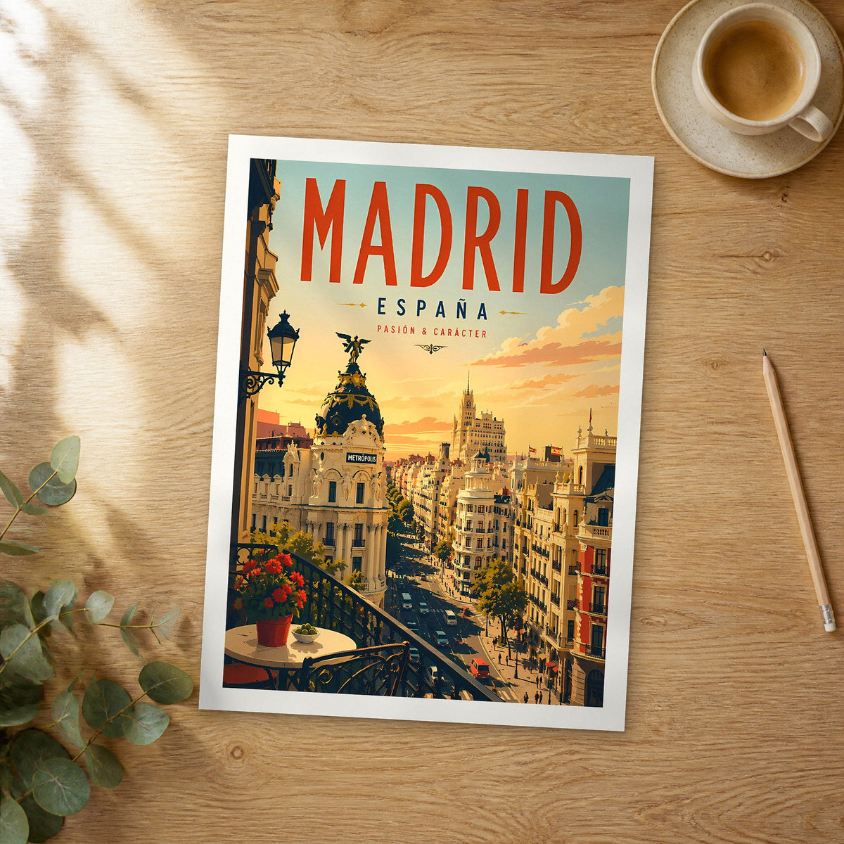 Unframed Madrid Balcony Street View retro travel poster on a wooden table