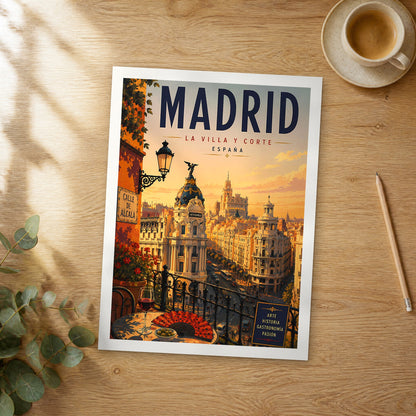 Unframed Madrid Gran Vía at Sunset retro travel poster on a wooden table