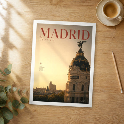 Unframed Madrid Metropolis Skyline View bold typography travel poster on a wooden table
