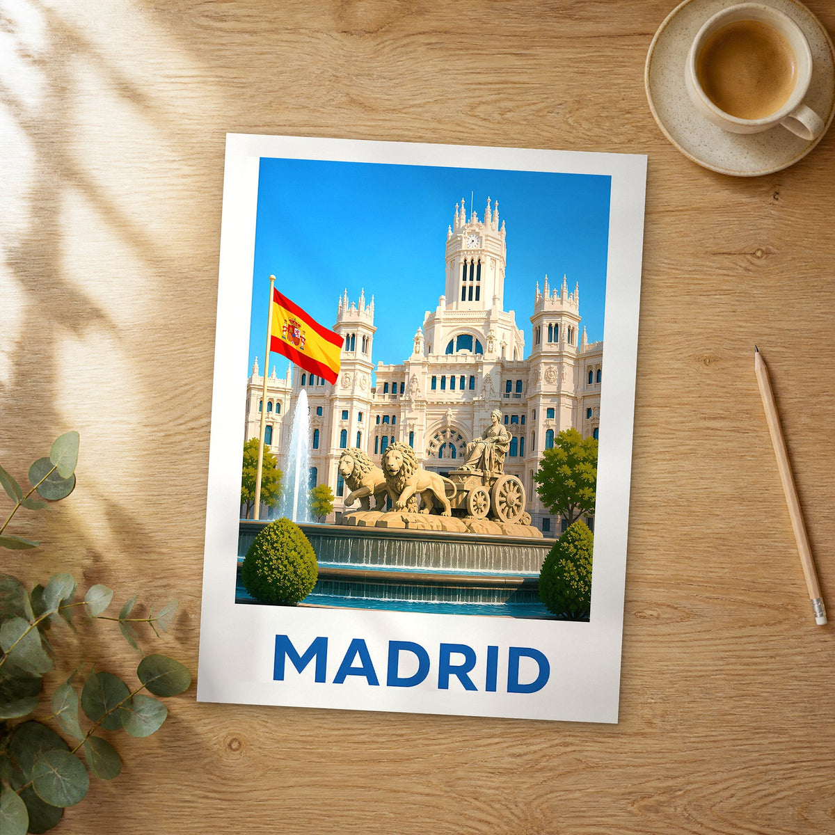 Unframed Madrid modern digital travel poster on a wooden table