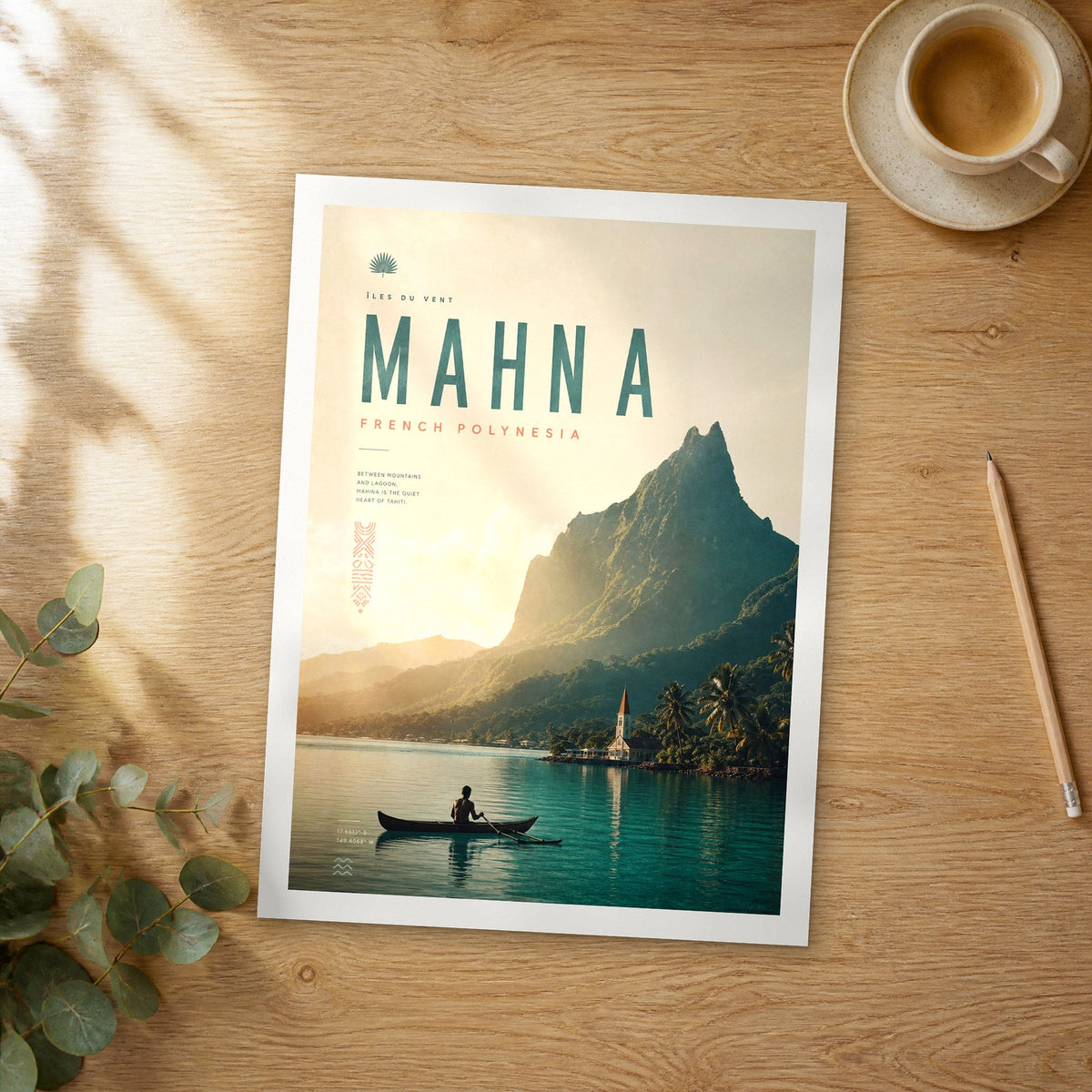 Unframed Mahina bold typography travel poster on a wooden table