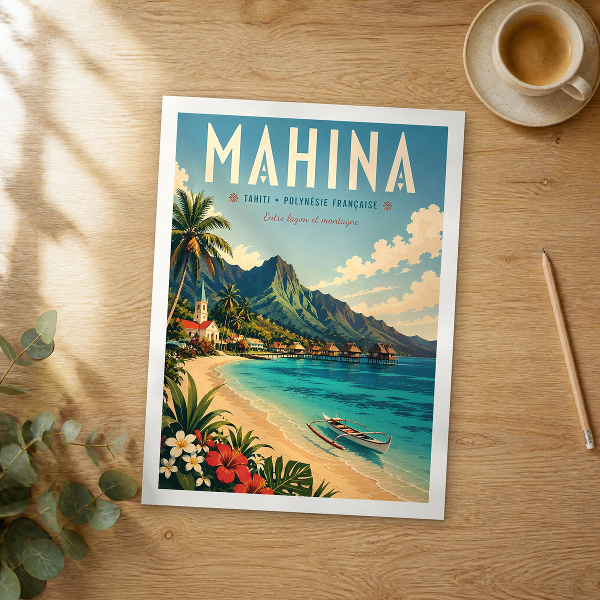 Unframed Mahina retro travel poster on a wooden table