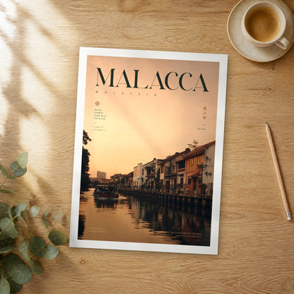 Unframed Malacca bold typography travel poster on a wooden table