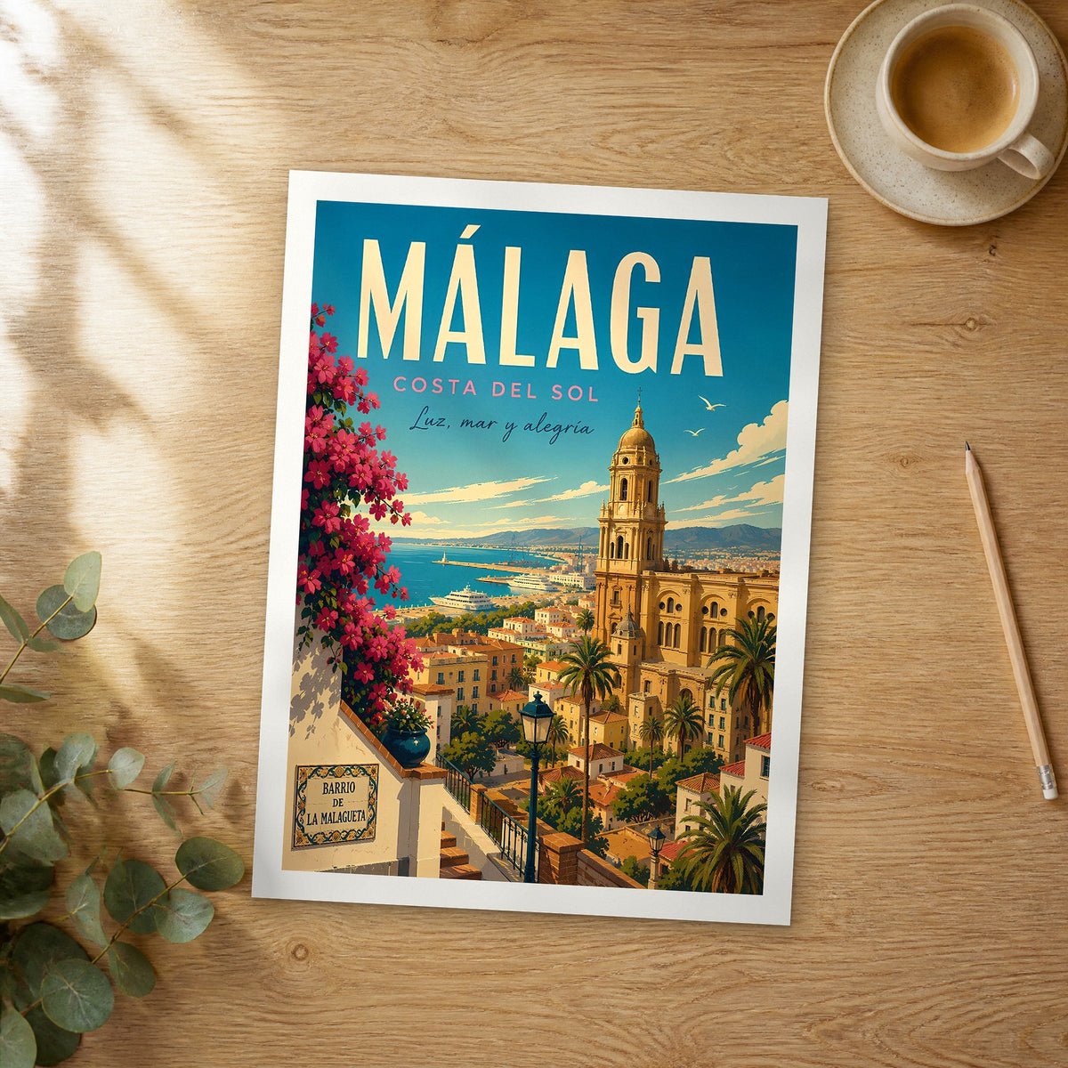 Unframed Málaga retro travel poster on a wooden table