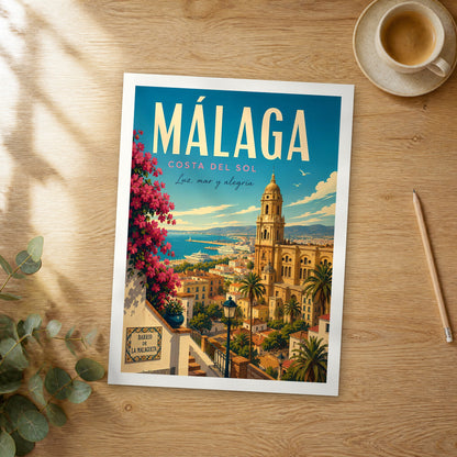 Unframed Málaga retro travel poster on a wooden table