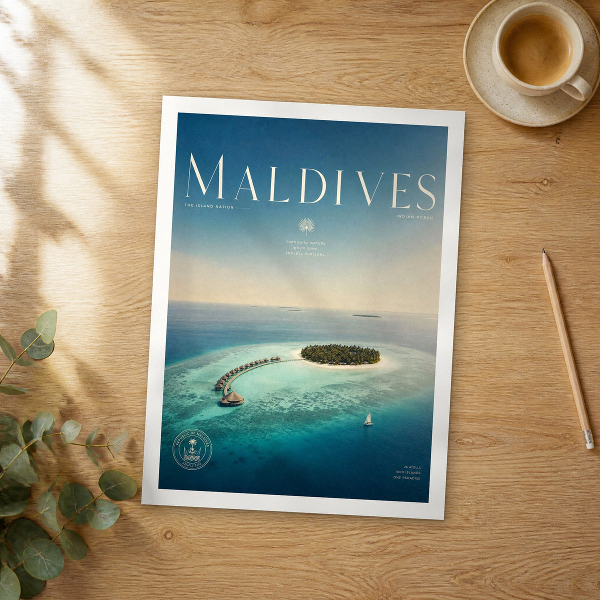 Unframed Maldives Island Atoll Aerial bold typography travel poster on a wooden table