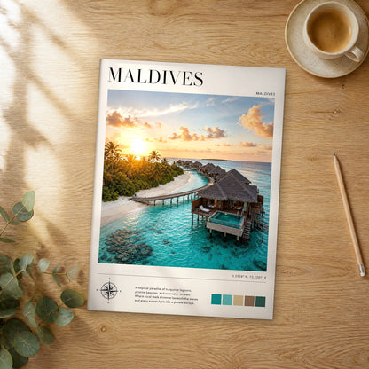 Unframed Maldives modern photography travel poster on a wooden table