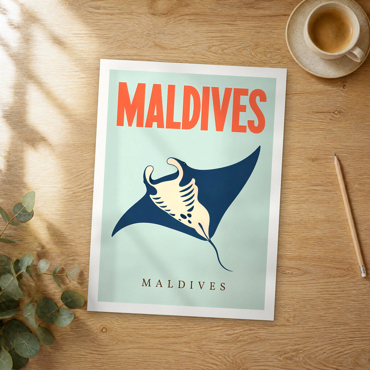 Unframed Maldives pop art travel poster on a wooden table