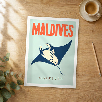Unframed Maldives pop art travel poster on a wooden table