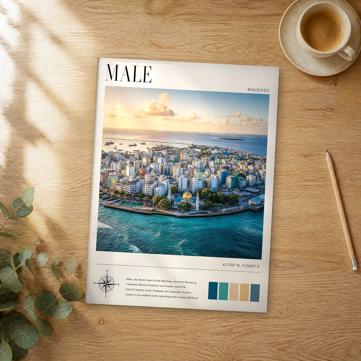 Unframed Male modern photography travel poster on a wooden table