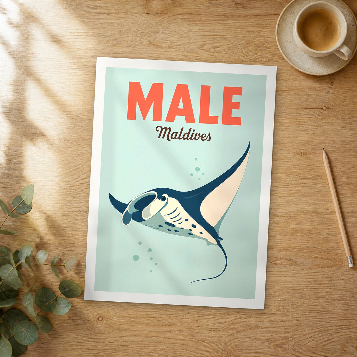 Unframed Male pop art travel poster on a wooden table