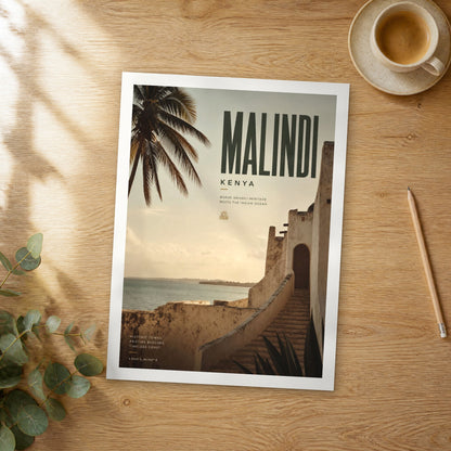 Unframed Malindi bold typography travel poster on a wooden table