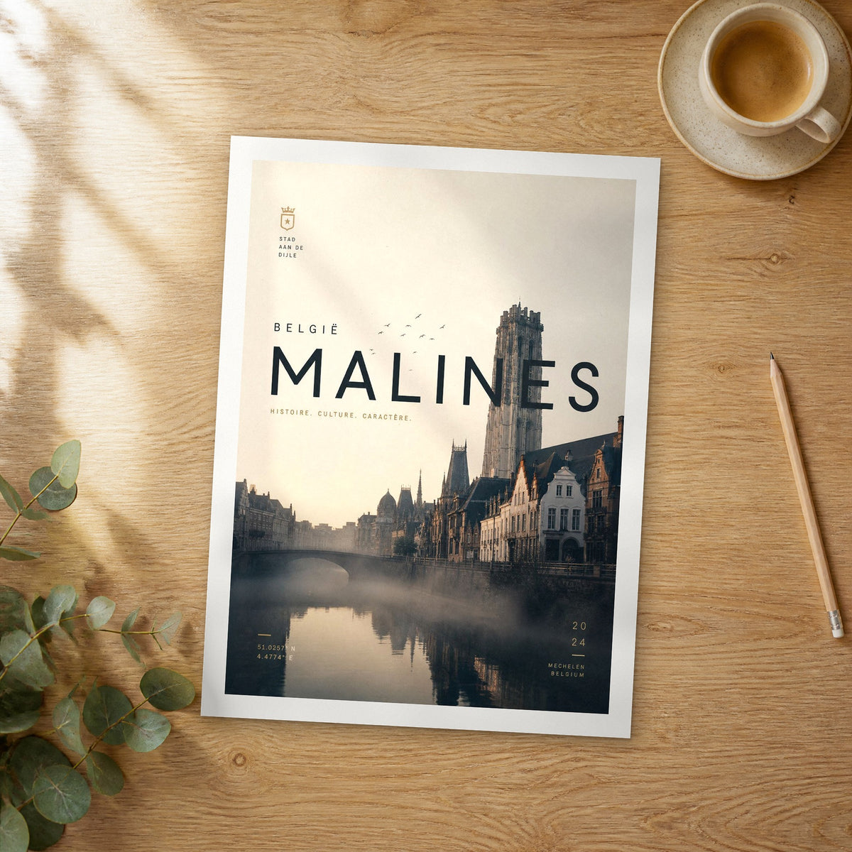 Unframed Malines bold typography travel poster on a wooden table