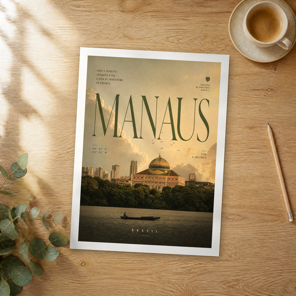 Unframed Manaus bold typography travel poster on a wooden table
