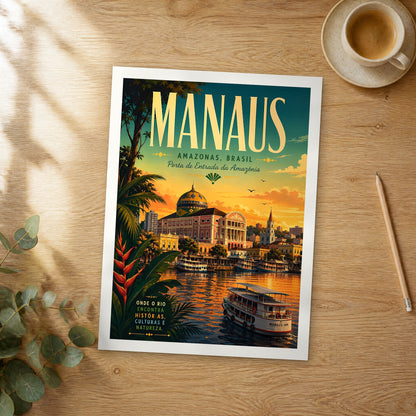 Unframed Manaus retro travel poster on a wooden table
