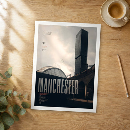 Unframed Manchester bold typography travel poster on a wooden table