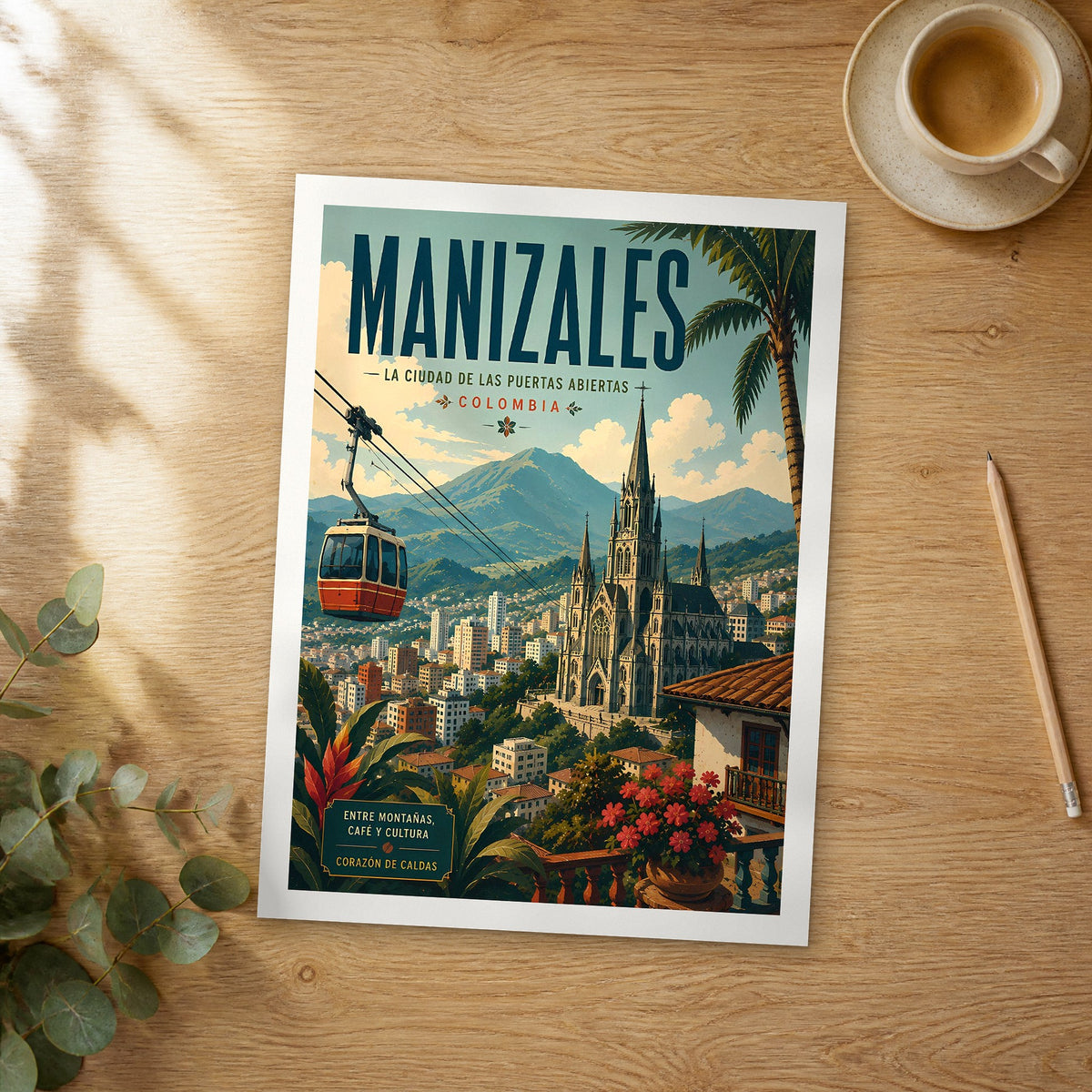 Unframed Manizales Cathedral and Cable Car retro travel poster on a wooden table