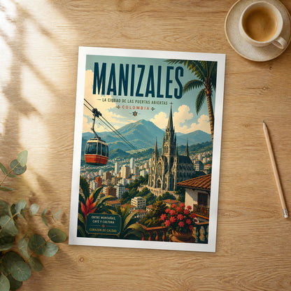 Unframed Manizales Cathedral and Cable Car retro travel poster on a wooden table