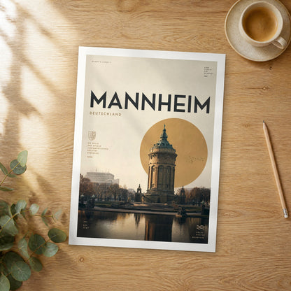 Unframed Mannheim bold typography travel poster on a wooden table