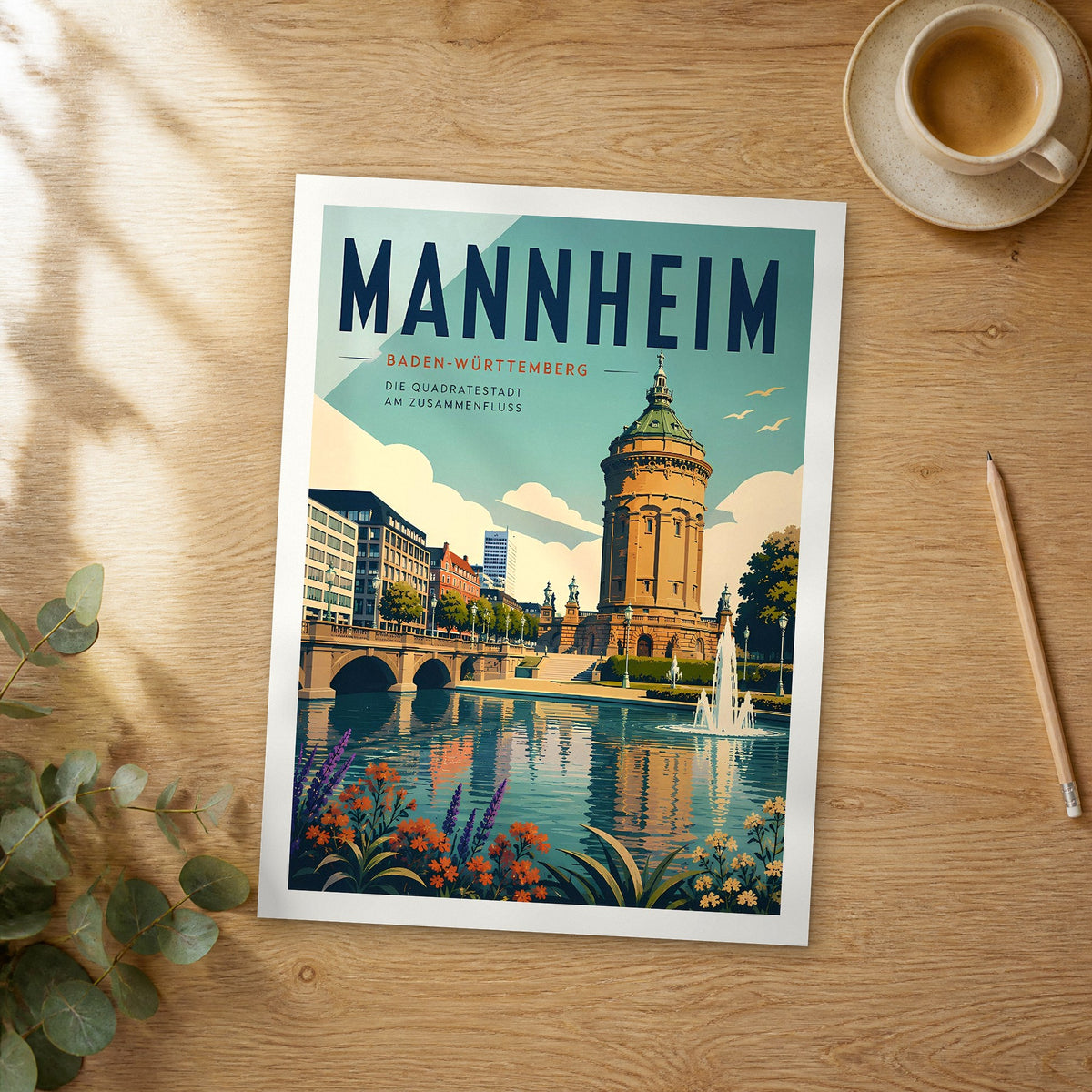 Unframed Mannheim retro travel poster on a wooden table