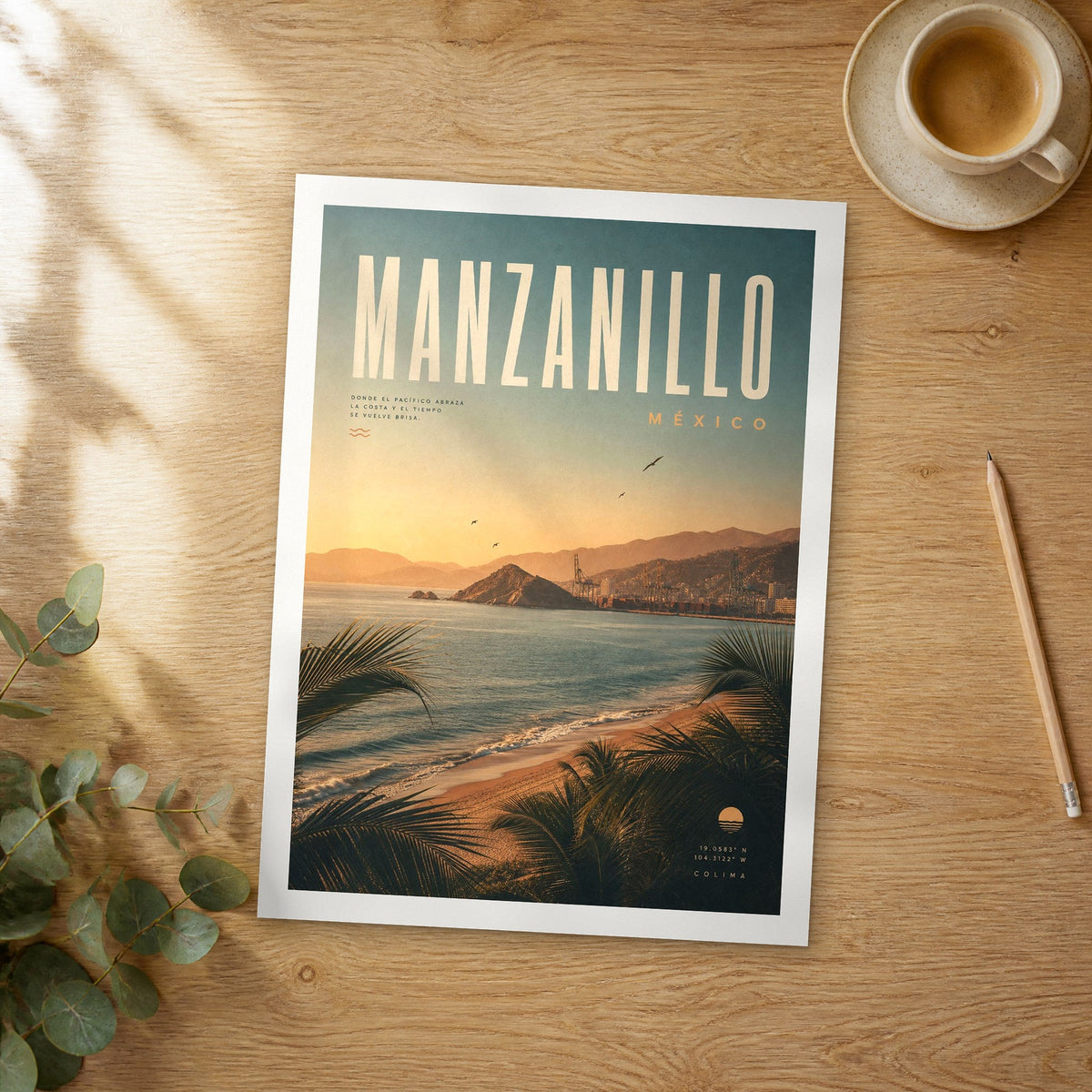 Unframed Manzanillo bold typography travel poster on a wooden table