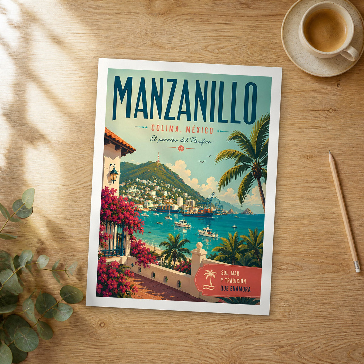 Unframed Manzanillo retro travel poster on a wooden table