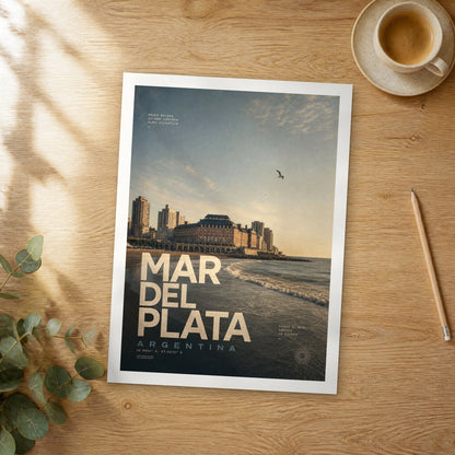 Unframed Mar del Plata bold typography travel poster on a wooden table