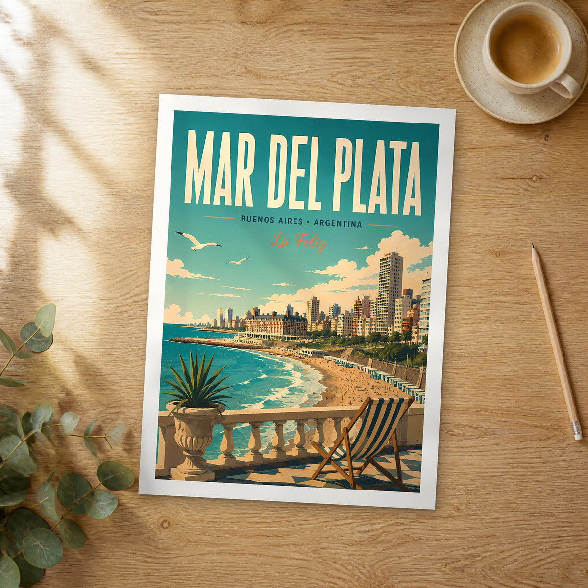 Unframed Mar del Plata retro travel poster on a wooden table