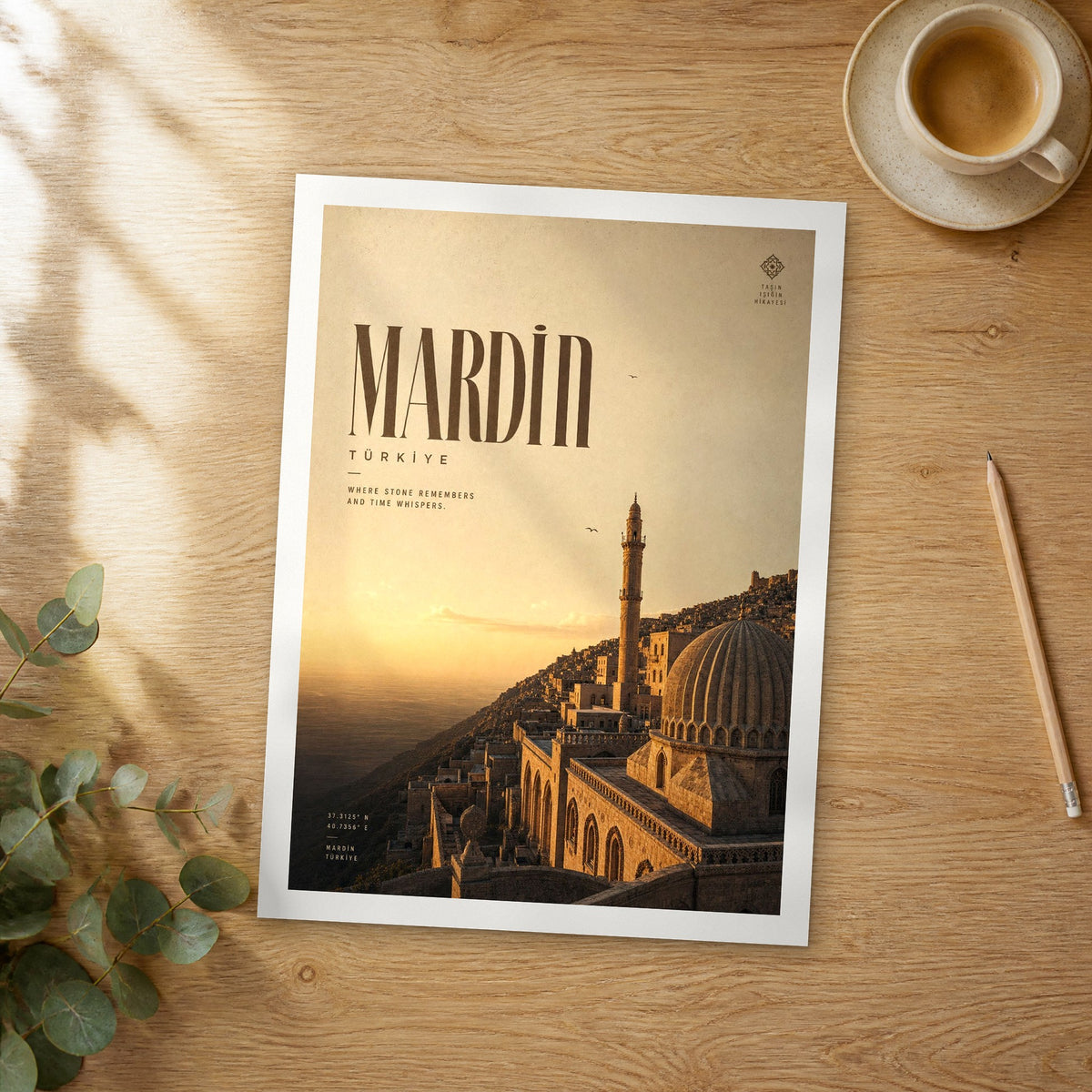 Unframed Mardin bold typography travel poster on a wooden table
