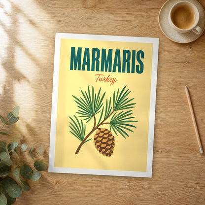 Unframed Marmaris pop art travel poster on a wooden table